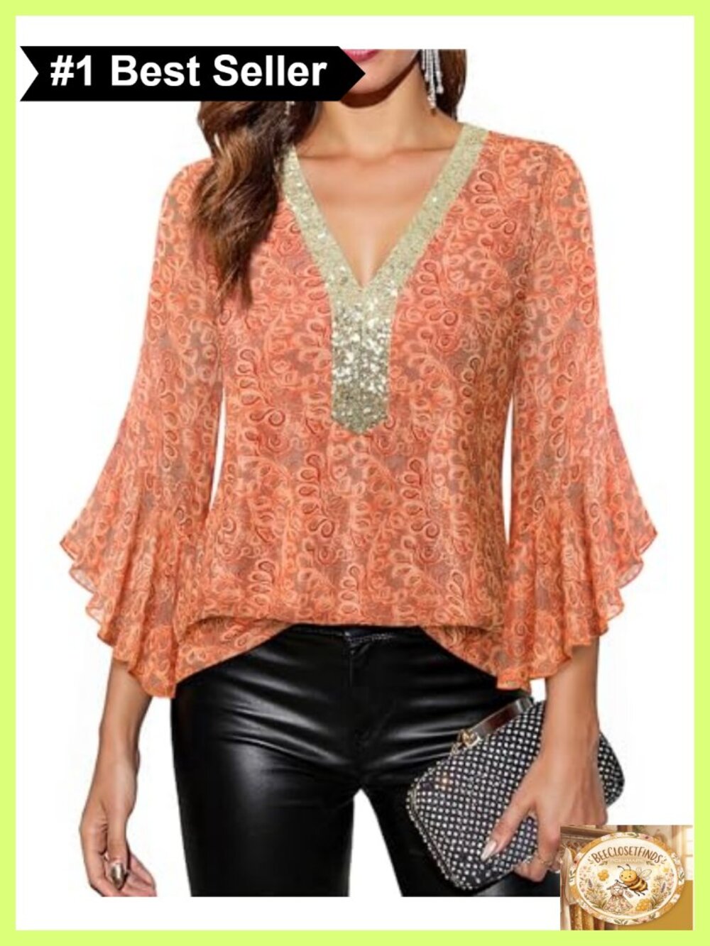 Women's Ruffle 3/4 Sleeve Sequin V Neck Sparkly Blouse Dressy Fall Top
